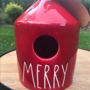 Christmas Rae Dunn Merry Red Round Birdhouse NEW Large Letters Burlap Bow & Tag